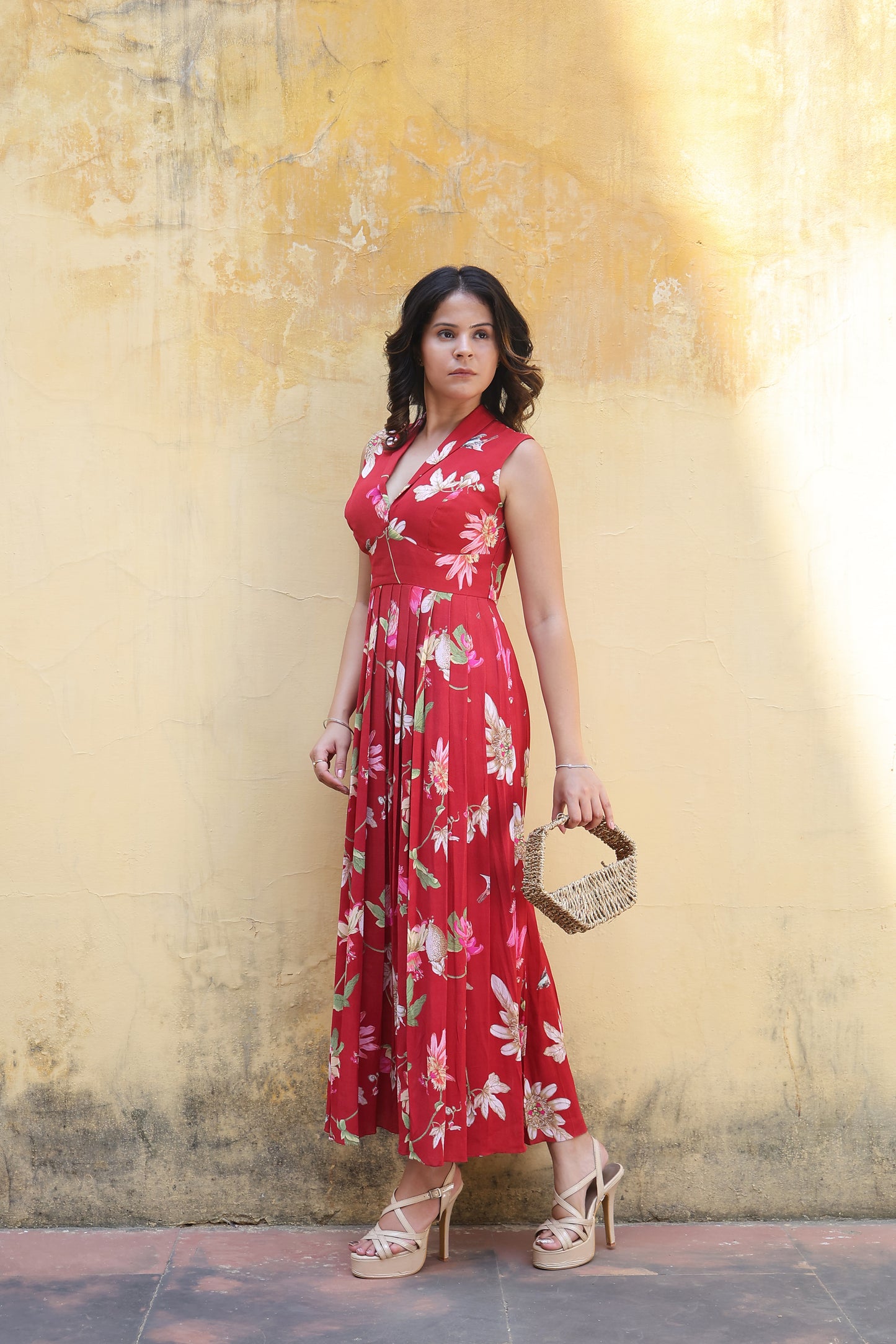 Red Pleated long dress