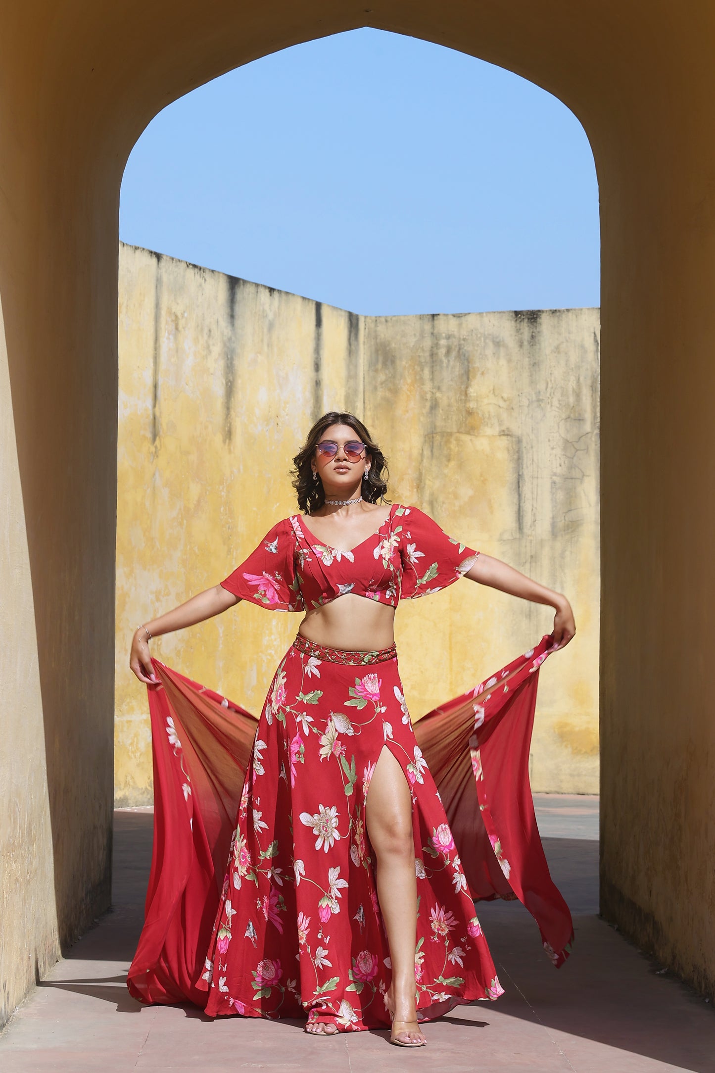 Printed red lehenga set