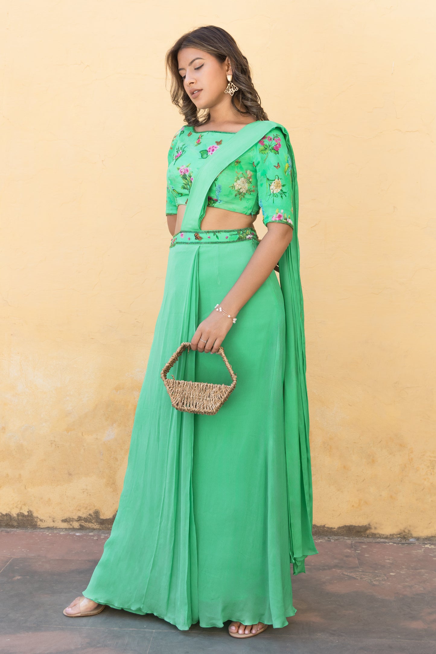 Printed green draped saree