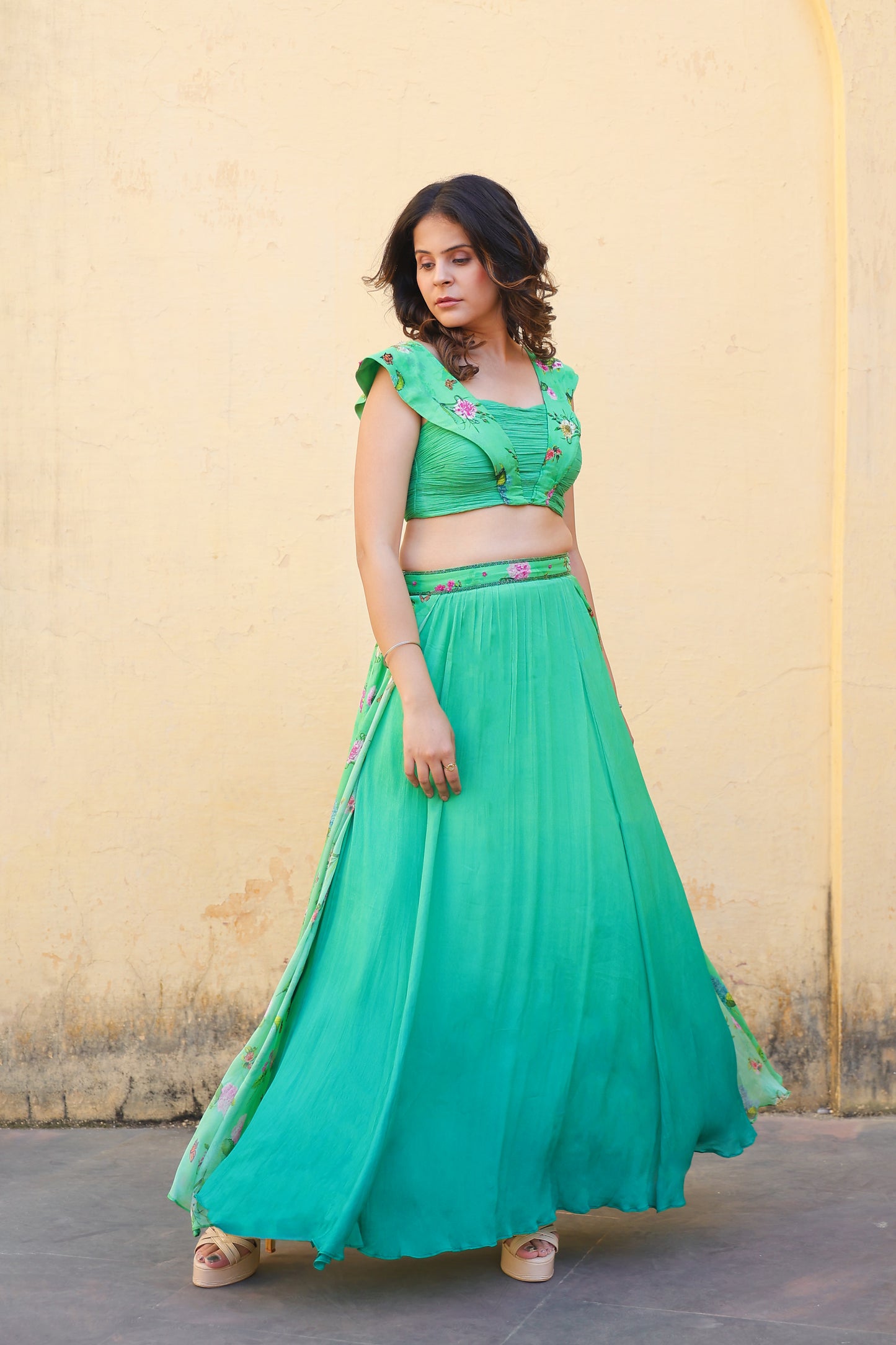 Floral strape blouse with ombre lehenga.