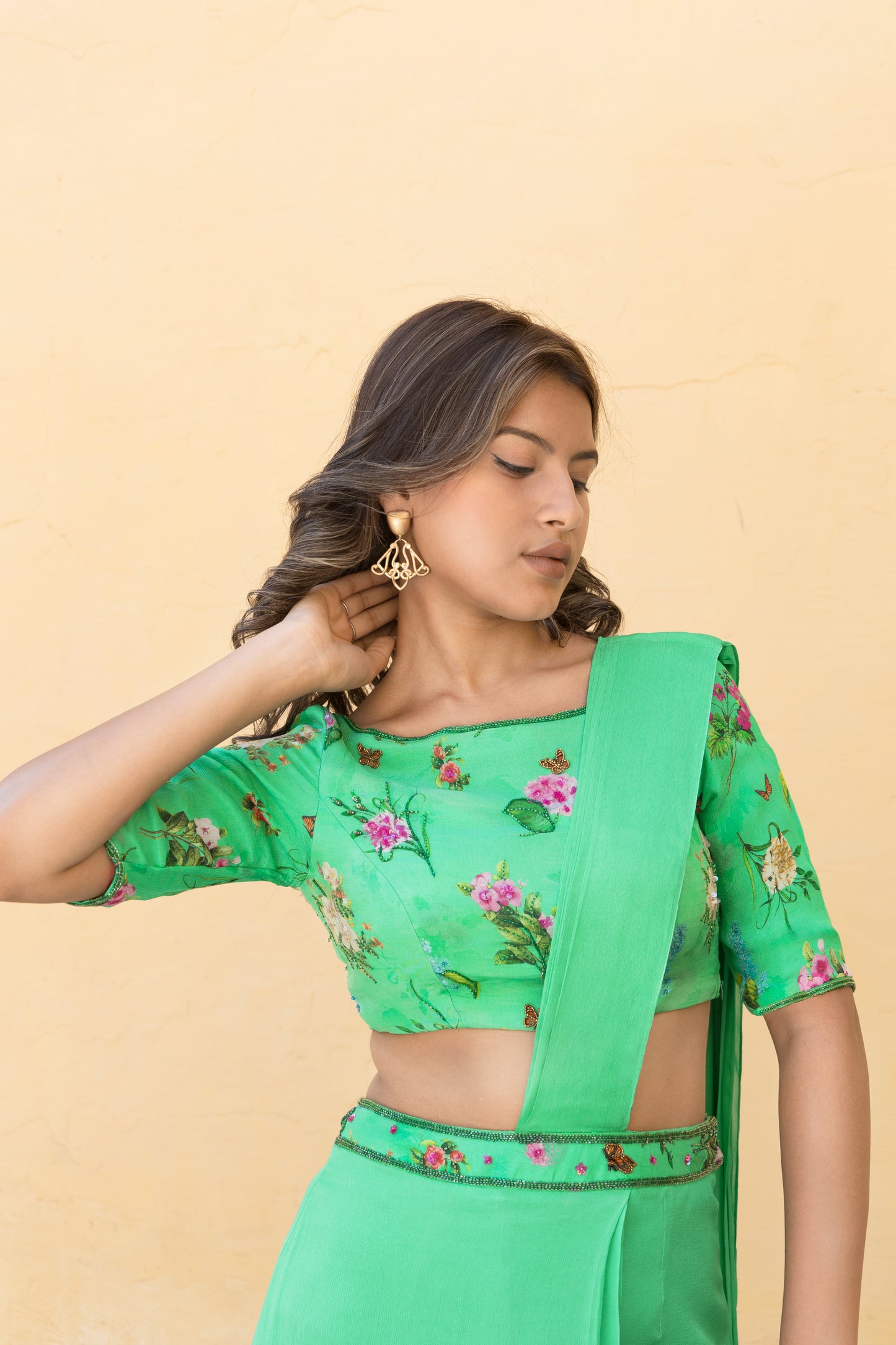 Printed green draped saree