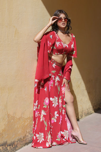 Printed red lehenga set