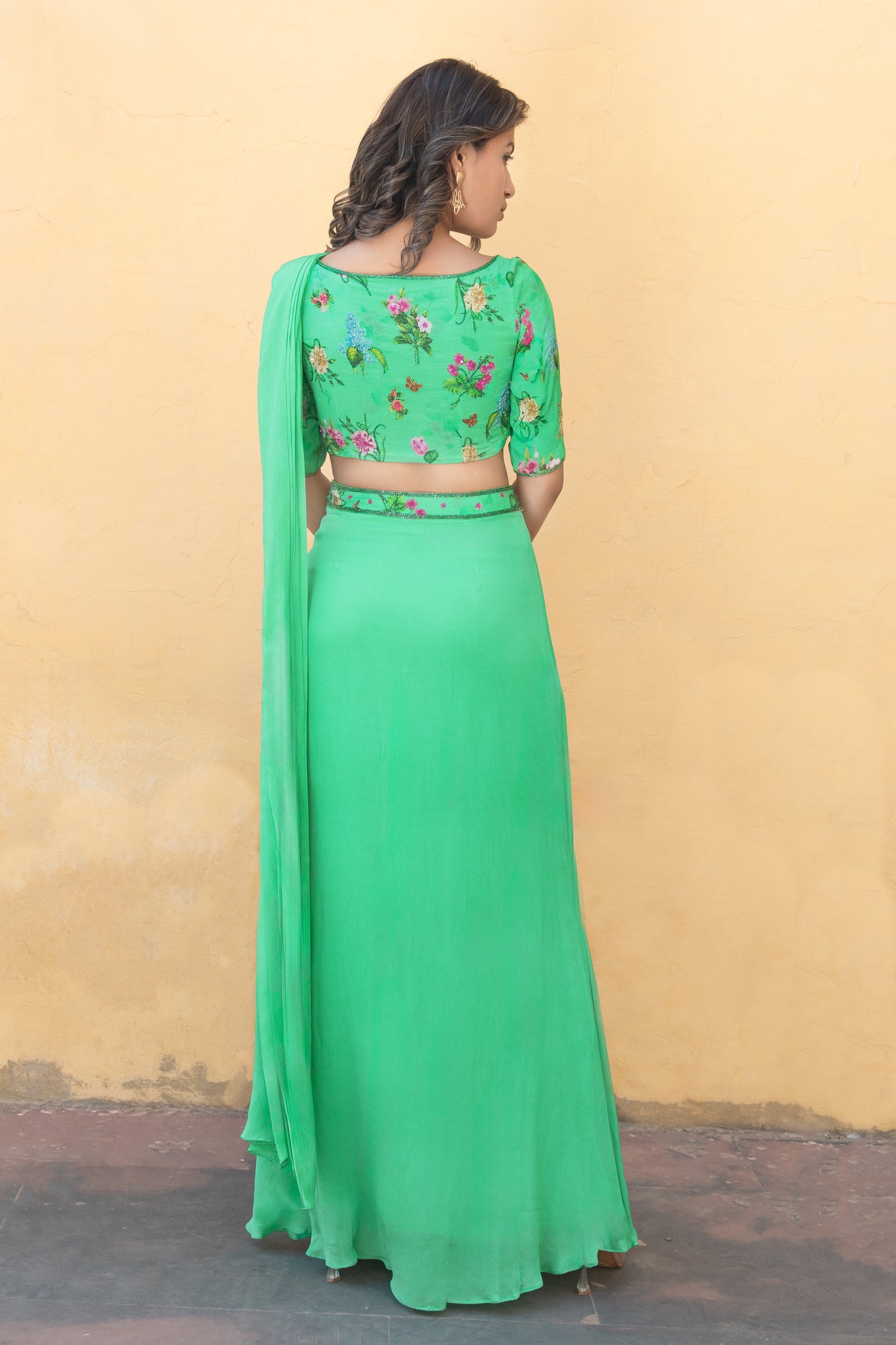 Printed green draped saree