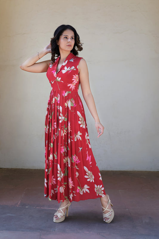 Red Pleated long dress