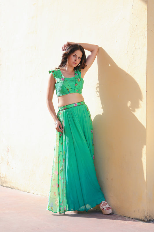 Floral strape blouse with ombre lehenga.