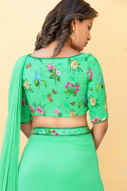 Printed green draped saree