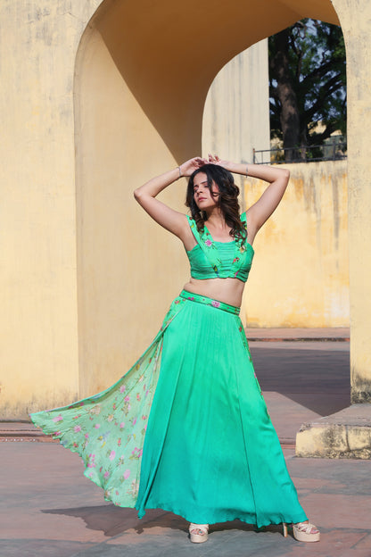 Floral strape blouse with ombre lehenga.