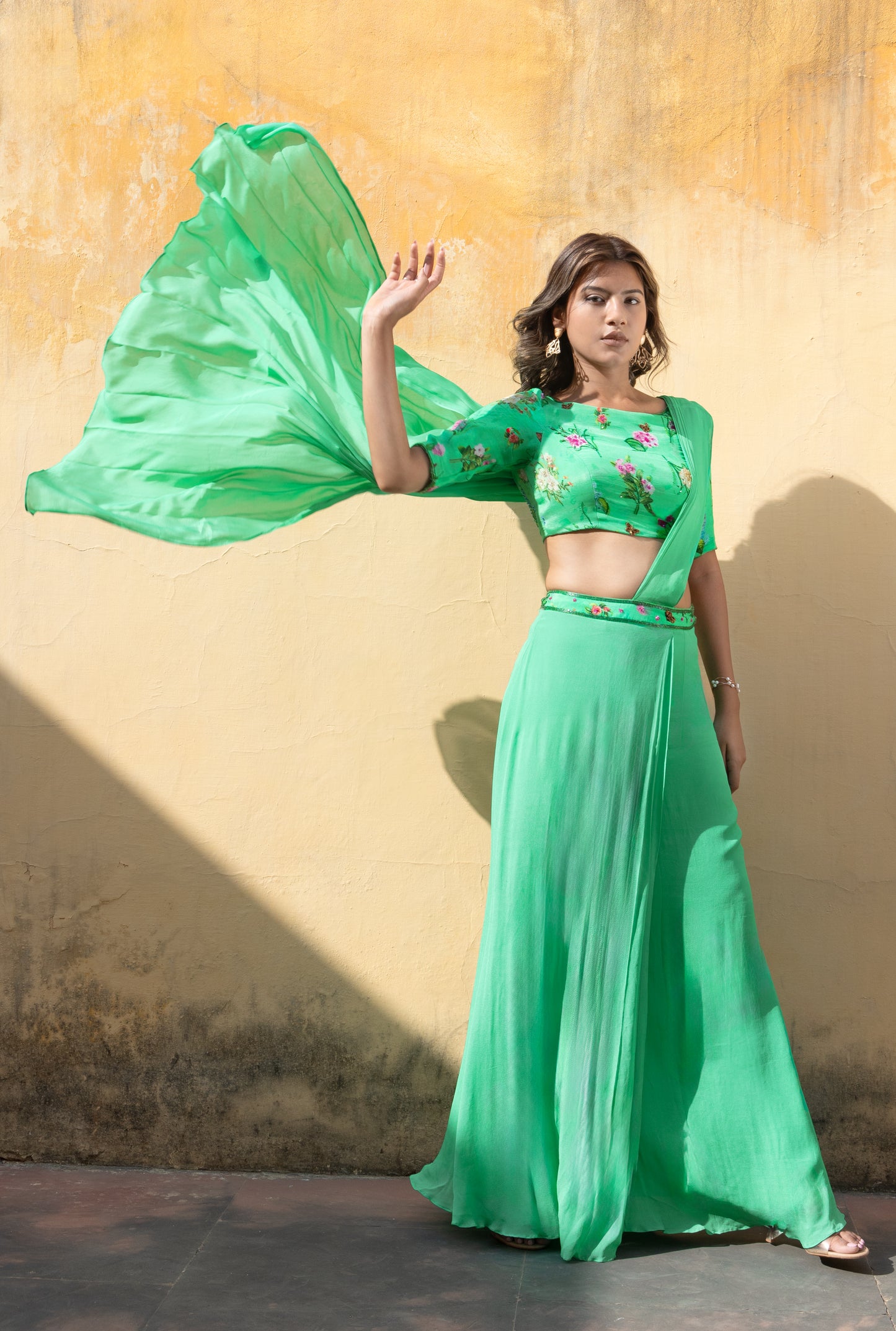 Printed green draped saree