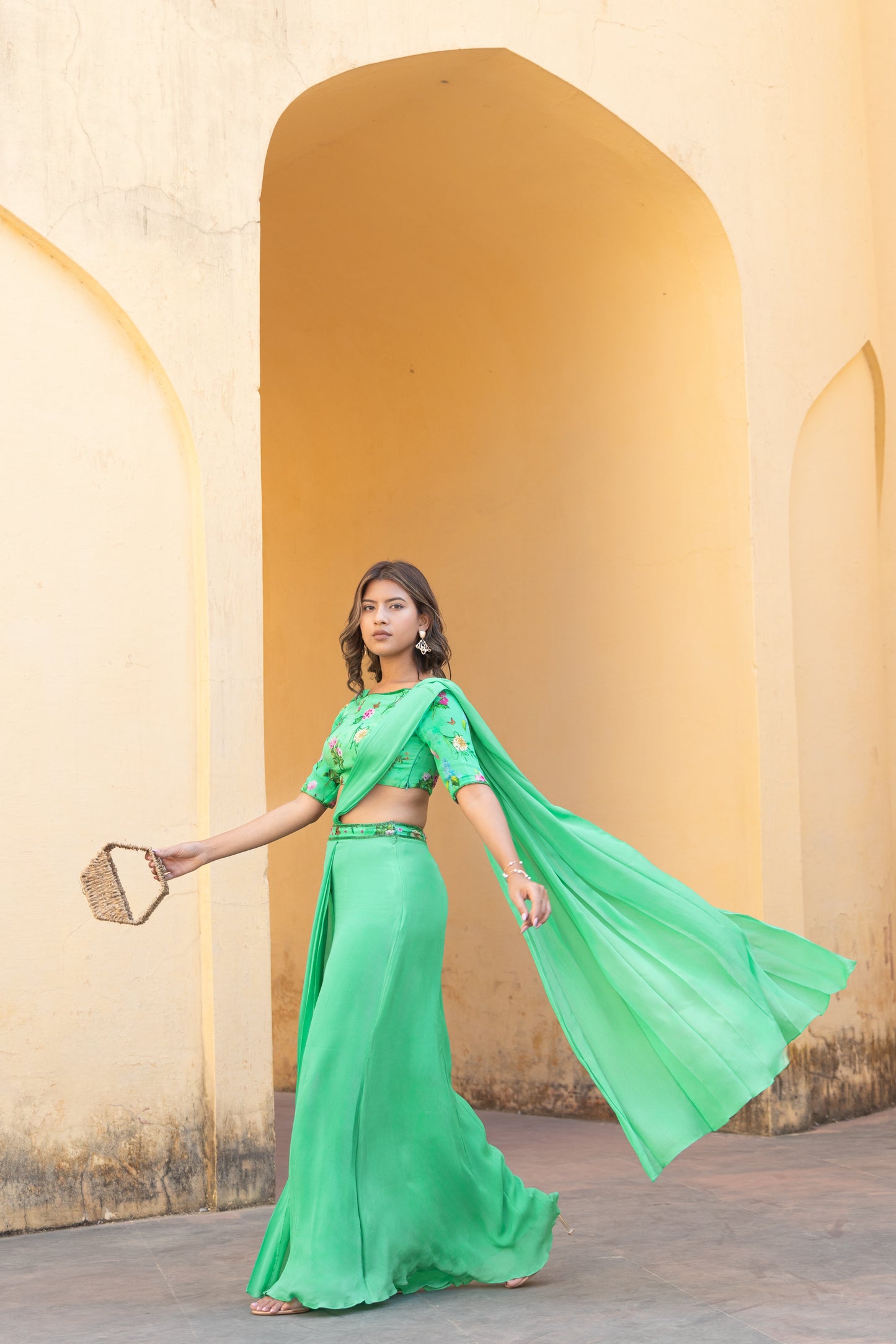 Printed green draped saree