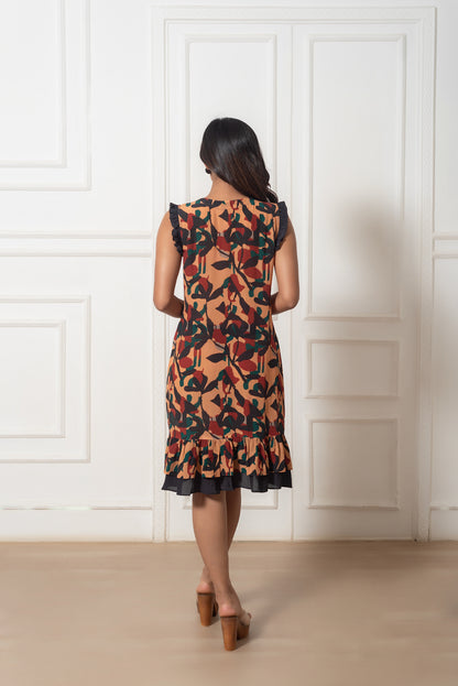 Peach & Black Printed Dress